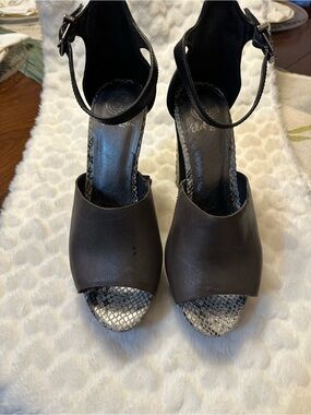 Elliott Lucca Black Peep-Toe Ankle-Strap Heels with Snakeskin Insole
